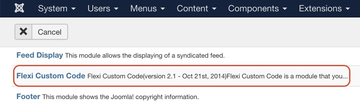 Select flexi custom code module