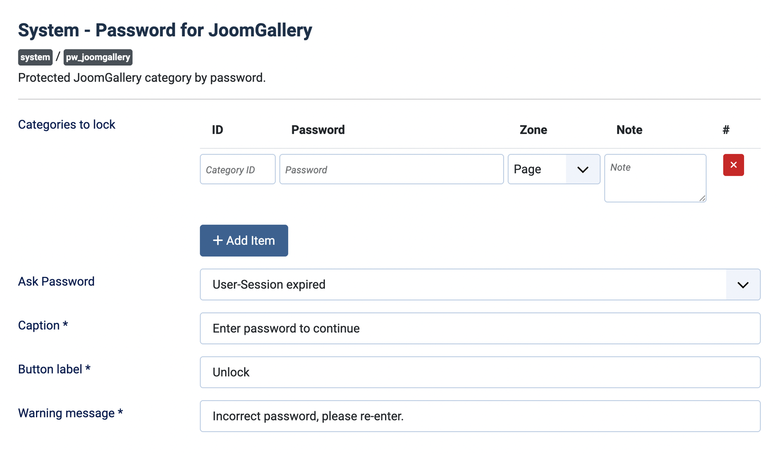 Password for JoomGallery configuration