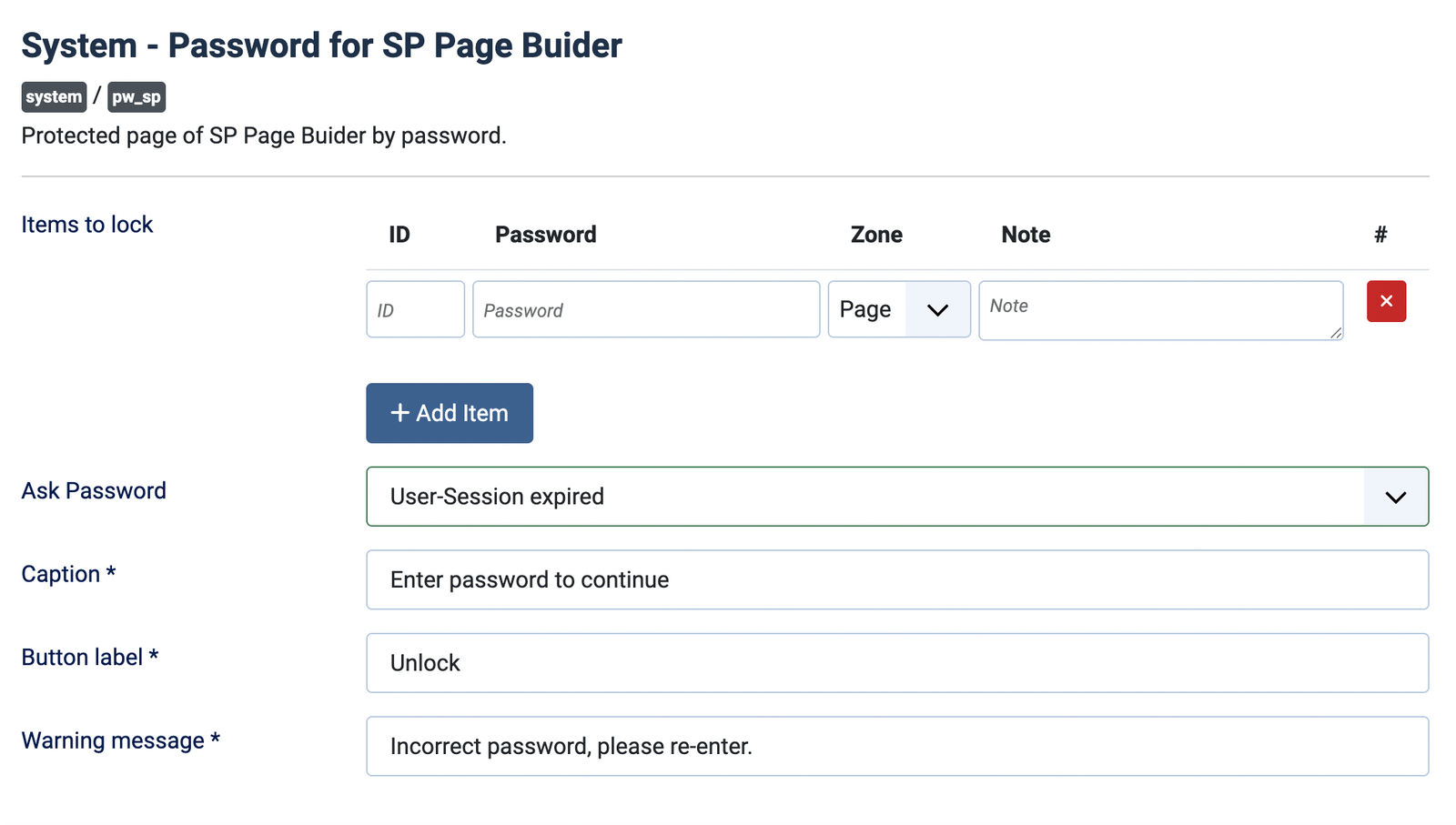 Password for SP Page Builder configuration