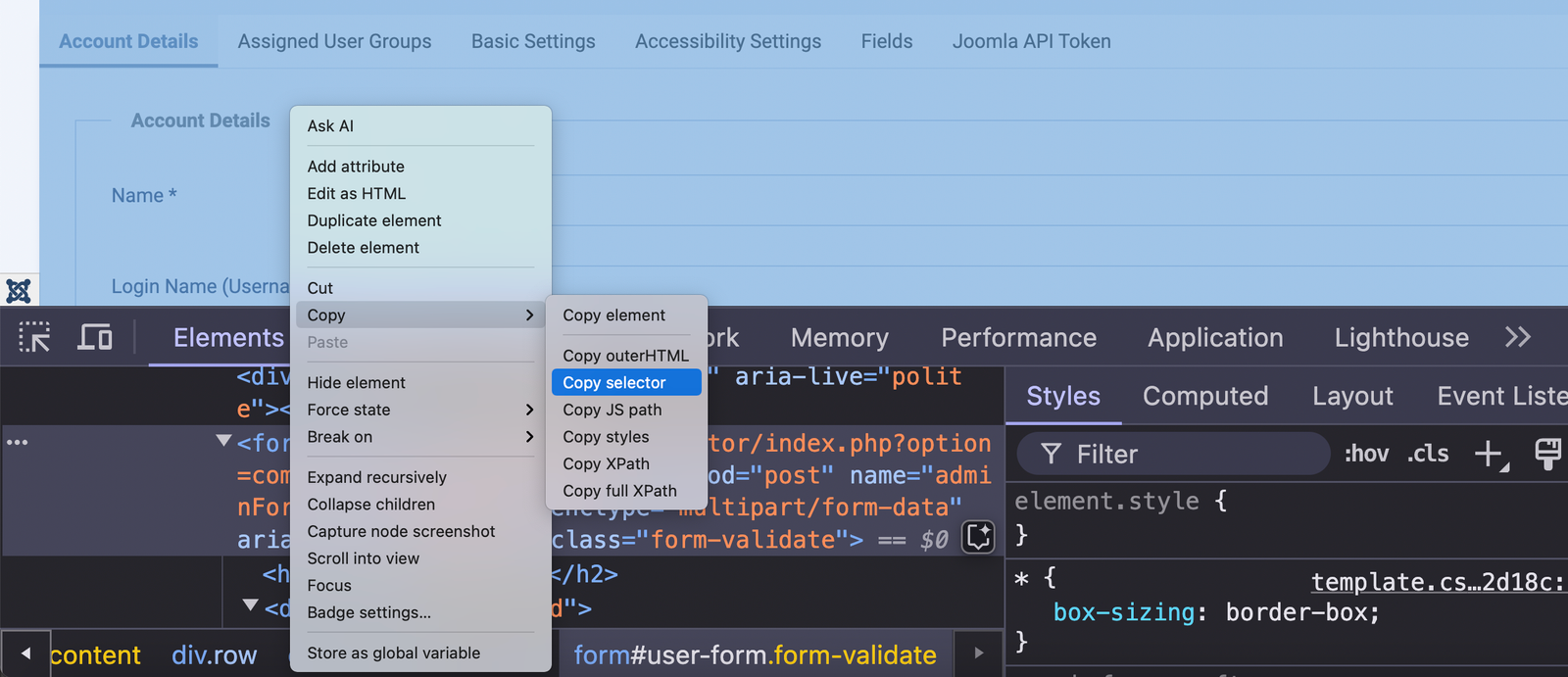 Copy path of element on browser developer tool